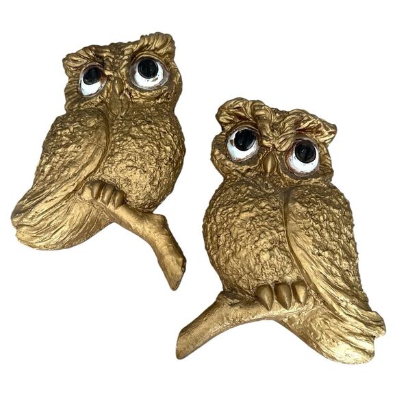 Vintage 1967 Gold Owl Wall Art Pair: Mid-Century Modern Decor - Picture 2 of 10